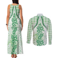 Aloha Hawaii Palaka Couples Matching Tank Maxi Dress and Long Sleeve Button Shirt Green Plumeria Lei - Polynesian Pride