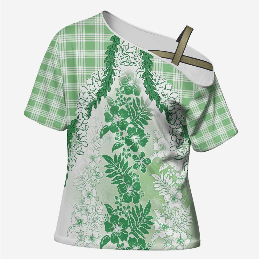 Aloha Hawaii Palaka Cross Shoulder Shirt Green Plumeria Lei - Polynesian Pride