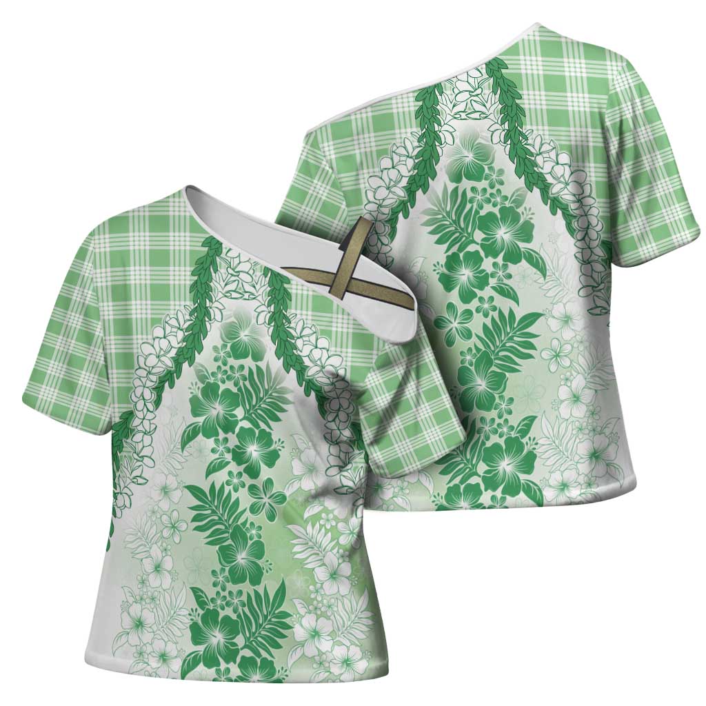 Aloha Hawaii Palaka Cross Shoulder Shirt Green Plumeria Lei - Polynesian Pride