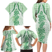 Aloha Hawaii Palaka Family Matching Long Sleeve Bodycon Dress and Hawaiian Shirt Green Plumeria Lei - Polynesian Pride