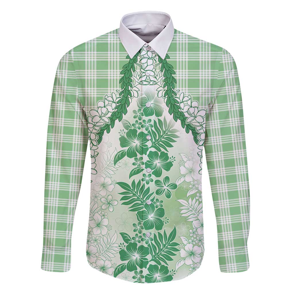 Aloha Hawaii Palaka Family Matching Long Sleeve Bodycon Dress and Hawaiian Shirt Green Plumeria Lei - Polynesian Pride
