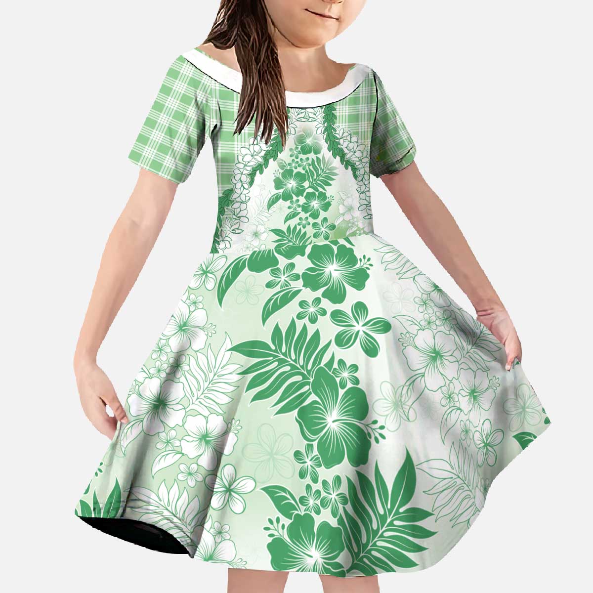 Aloha Hawaii Palaka Family Matching Off The Shoulder Long Sleeve Dress and Hawaiian Shirt Green Plumeria Lei - Polynesian Pride
