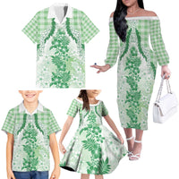 Aloha Hawaii Palaka Family Matching Off The Shoulder Long Sleeve Dress and Hawaiian Shirt Green Plumeria Lei - Polynesian Pride