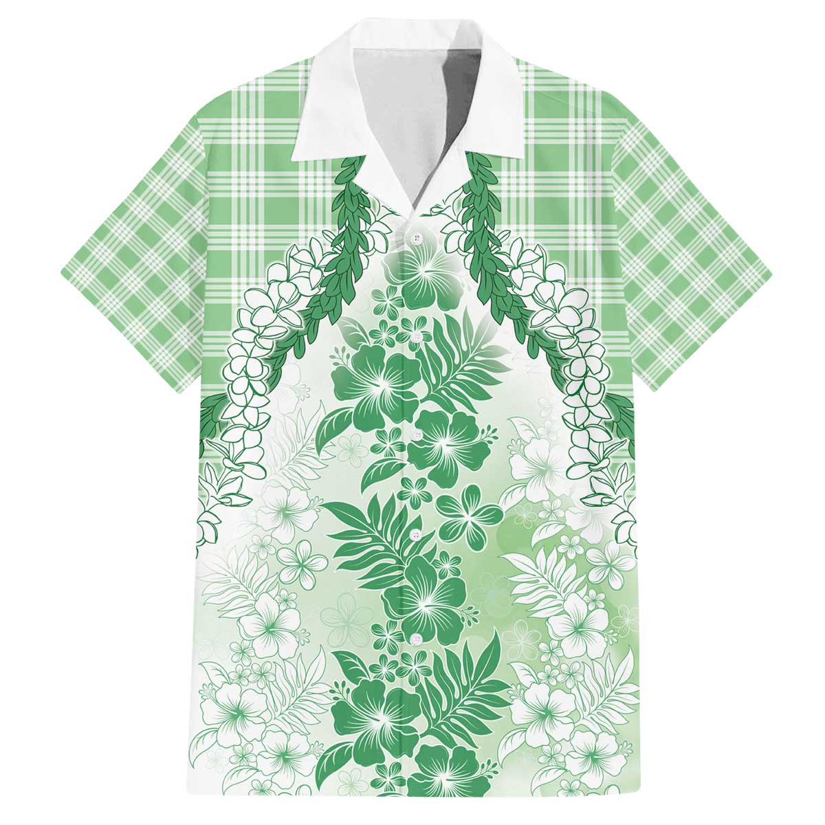 Aloha Hawaii Palaka Family Matching Off The Shoulder Long Sleeve Dress and Hawaiian Shirt Green Plumeria Lei - Polynesian Pride