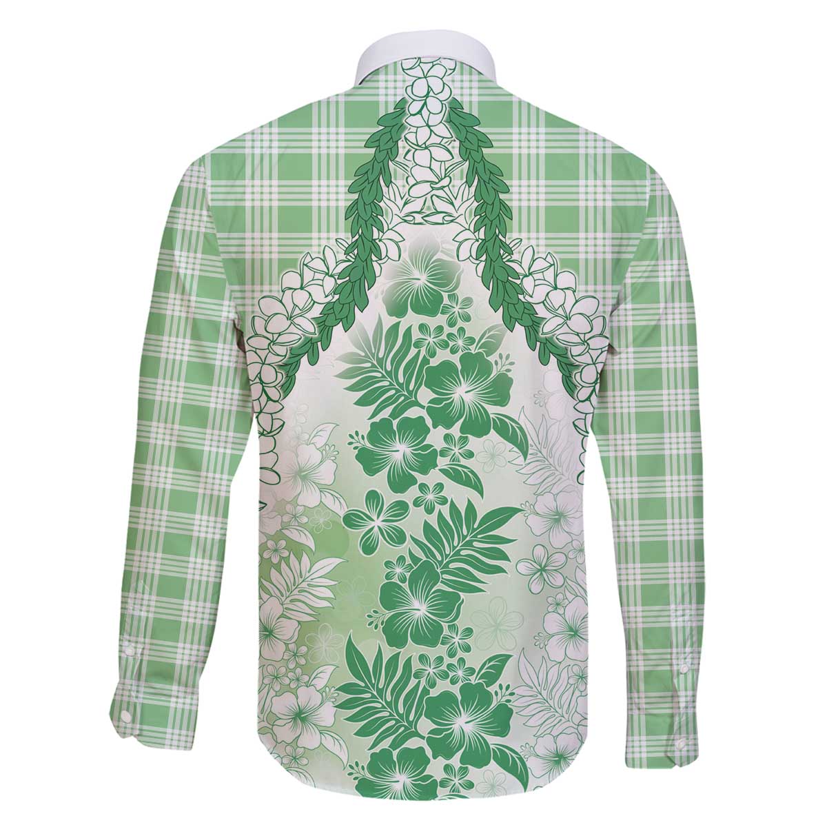 Aloha Hawaii Palaka Family Matching Off The Shoulder Long Sleeve Dress and Hawaiian Shirt Green Plumeria Lei - Polynesian Pride