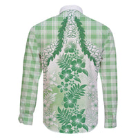 Aloha Hawaii Palaka Family Matching Off The Shoulder Long Sleeve Dress and Hawaiian Shirt Green Plumeria Lei - Polynesian Pride