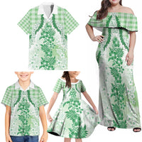Aloha Hawaii Palaka Family Matching Off Shoulder Maxi Dress and Hawaiian Shirt Green Plumeria Lei - Polynesian Pride