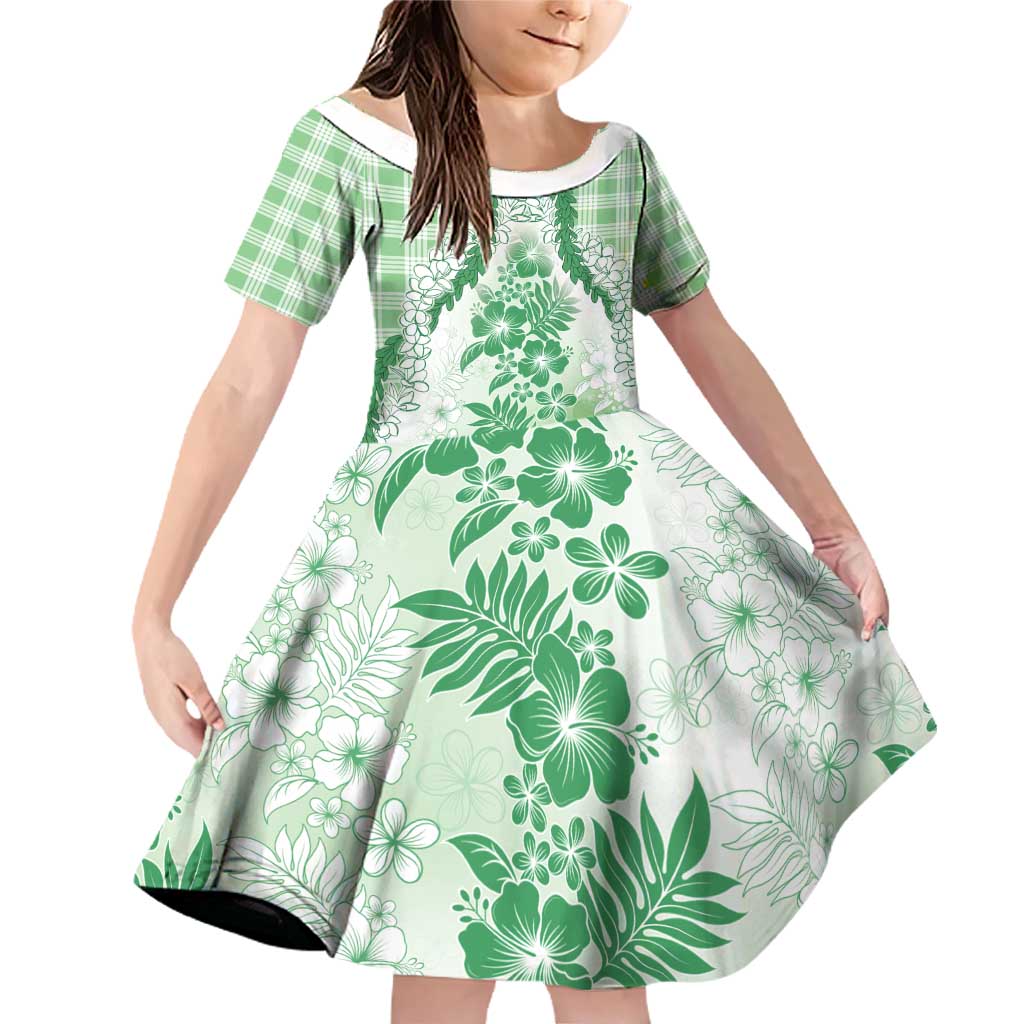 Aloha Hawaii Palaka Family Matching Off Shoulder Short Dress and Hawaiian Shirt Green Plumeria Lei - Polynesian Pride