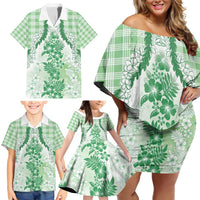 Aloha Hawaii Palaka Family Matching Off Shoulder Short Dress and Hawaiian Shirt Green Plumeria Lei - Polynesian Pride