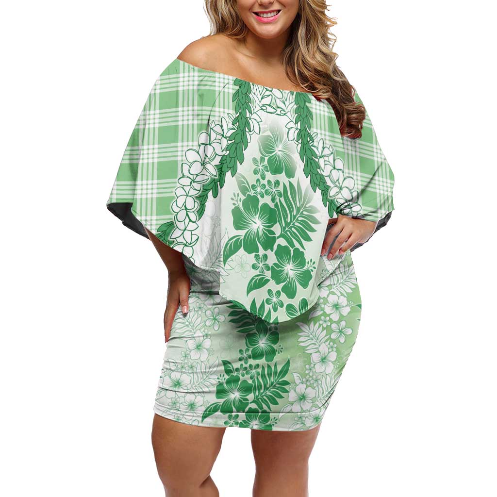 Aloha Hawaii Palaka Family Matching Off Shoulder Short Dress and Hawaiian Shirt Green Plumeria Lei - Polynesian Pride