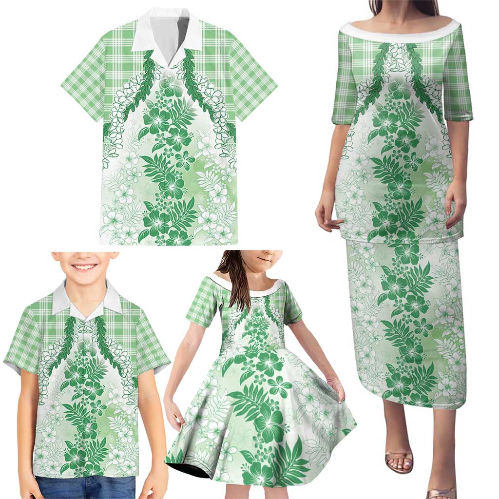 Aloha Hawaii Palaka Family Matching Puletasi and Hawaiian Shirt Green Plumeria Lei - Polynesian Pride
