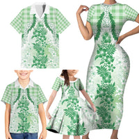 Aloha Hawaii Palaka Family Matching Short Sleeve Bodycon Dress and Hawaiian Shirt Green Plumeria Lei - Polynesian Pride