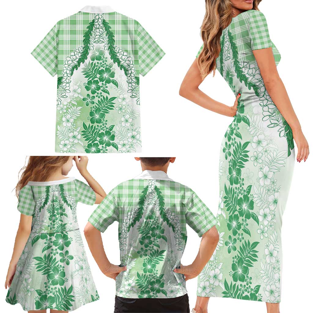 Aloha Hawaii Palaka Family Matching Short Sleeve Bodycon Dress and Hawaiian Shirt Green Plumeria Lei - Polynesian Pride
