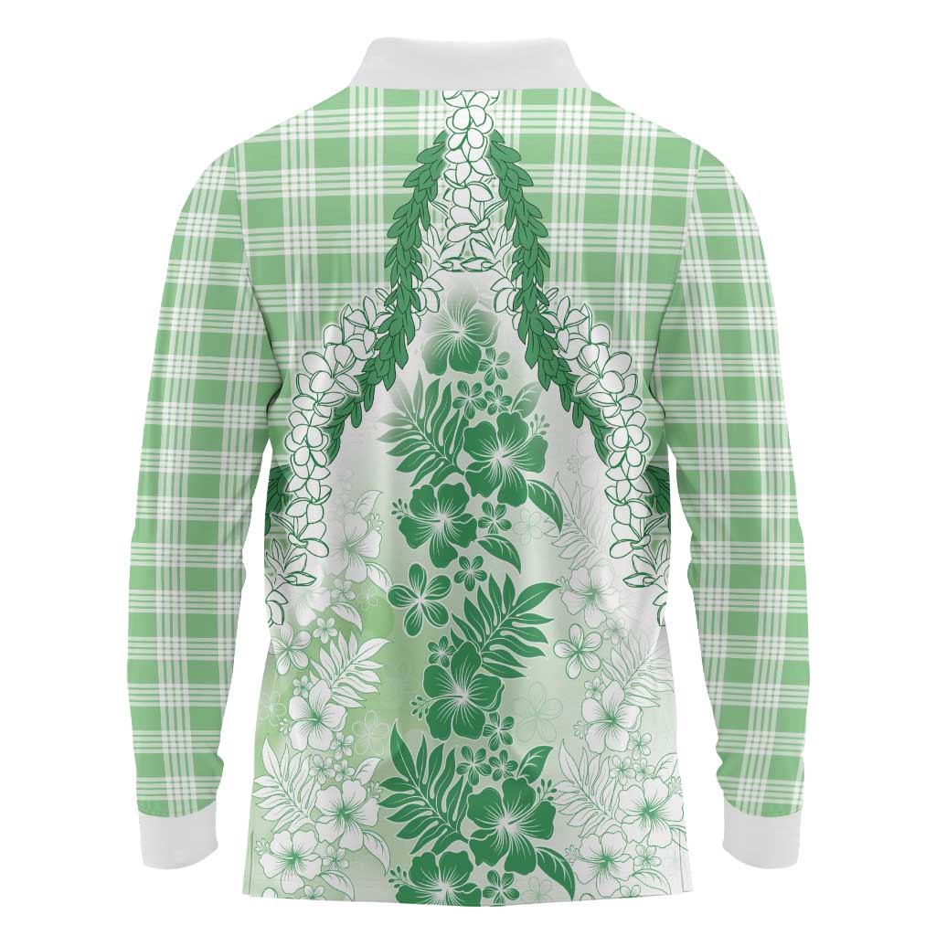 Aloha Hawaii Palaka Long Sleeve Polo Shirt Green Plumeria Lei - Polynesian Pride