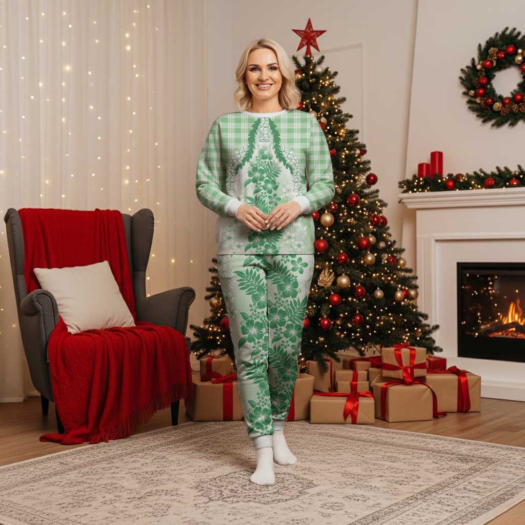 Aloha Hawaii Palaka Christmas Pajama Set Green Plumeria Lei - Polynesian Pride