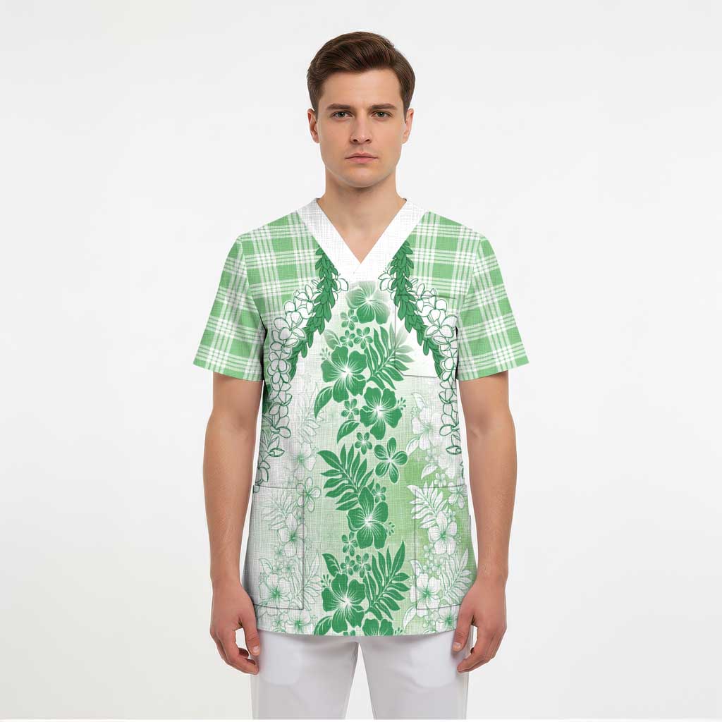 Aloha Hawaii Palaka Scrub Top Green Plumeria Lei - Polynesian Pride