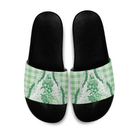Aloha Hawaii Palaka Slide Sandals Green Plumeria Lei - Polynesian Pride