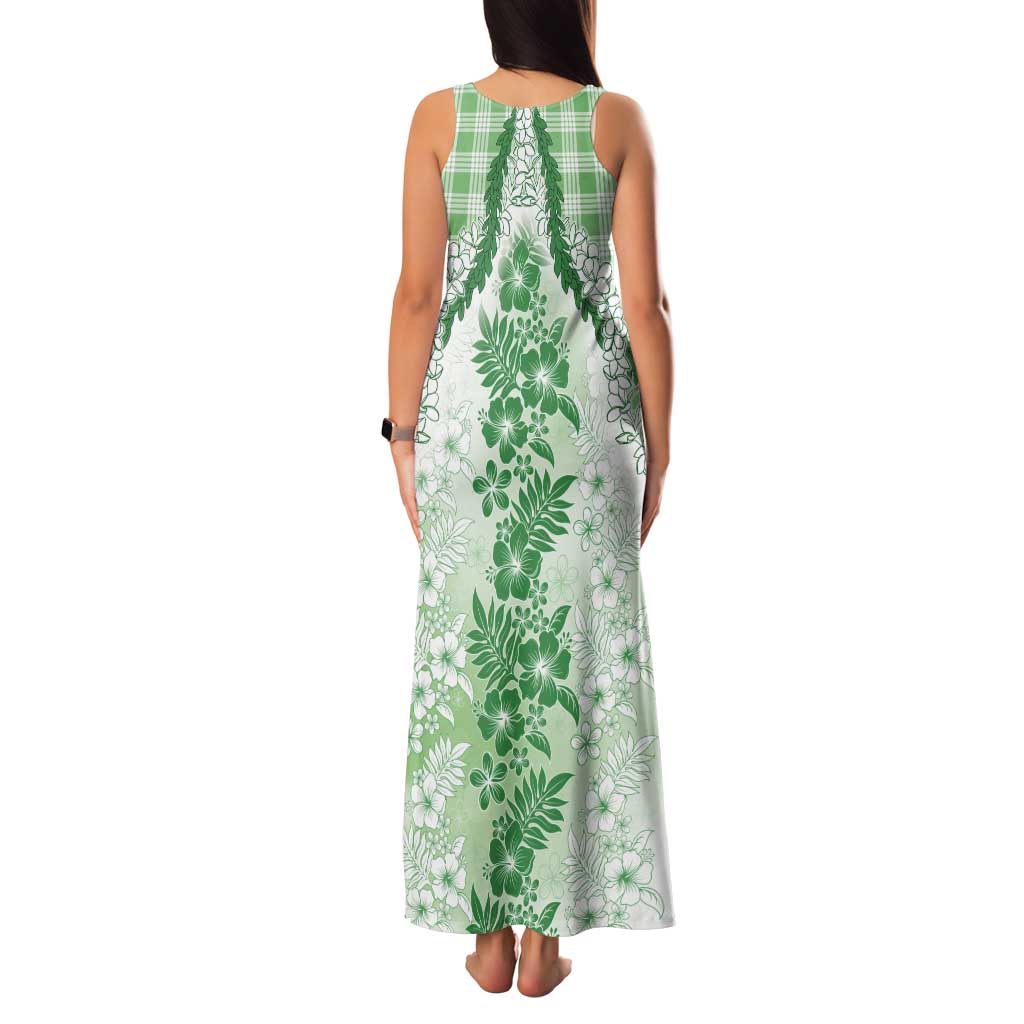 Aloha Hawaii Palaka Tank Maxi Dress Green Plumeria Lei - Polynesian Pride