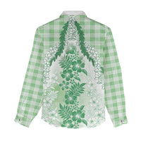 Aloha Hawaii Palaka Women Casual Shirt Green Plumeria Lei - Polynesian Pride