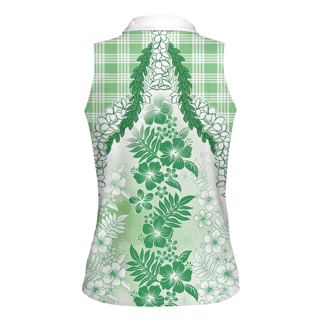 Aloha Hawaii Palaka Women Sleeveless Polo Shirt Green Plumeria Lei - Polynesian Pride