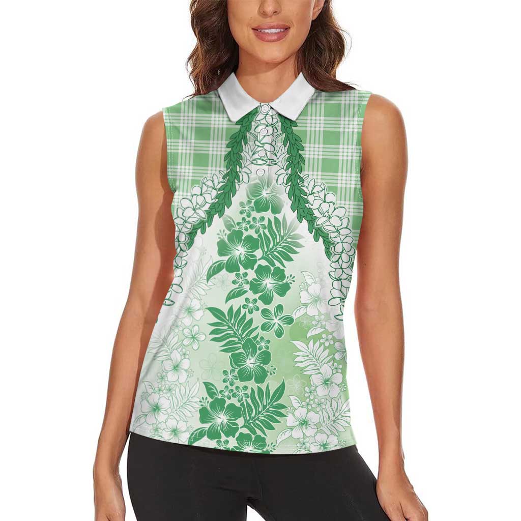Aloha Hawaii Palaka Women Sleeveless Polo Shirt Green Plumeria Lei - Polynesian Pride