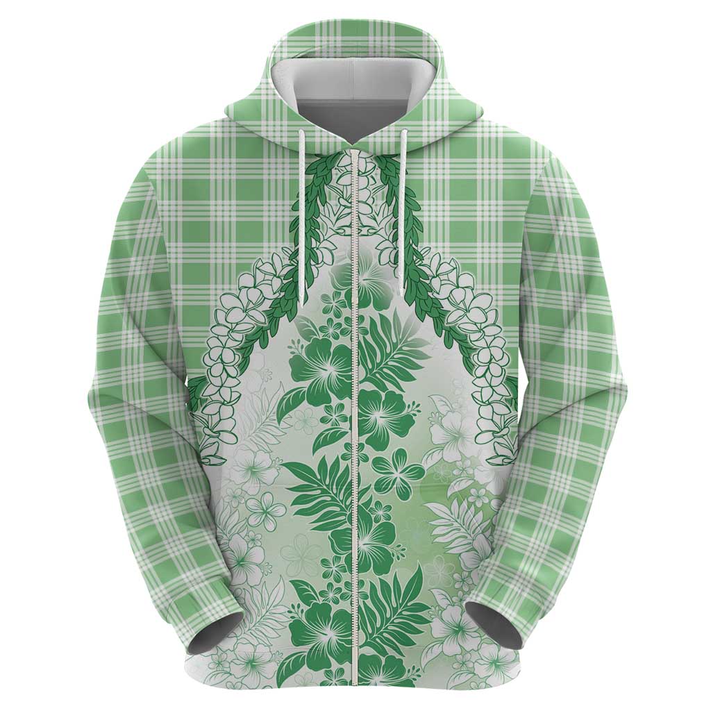 Aloha Hawaii Palaka Zip Hoodie Green Plumeria Lei - Polynesian Pride