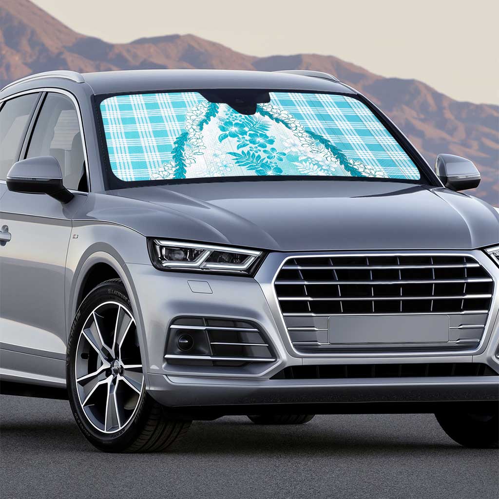 Aloha Hawaii Palaka Auto Sun Shade Blue Plumeria Lei - Polynesian Pride