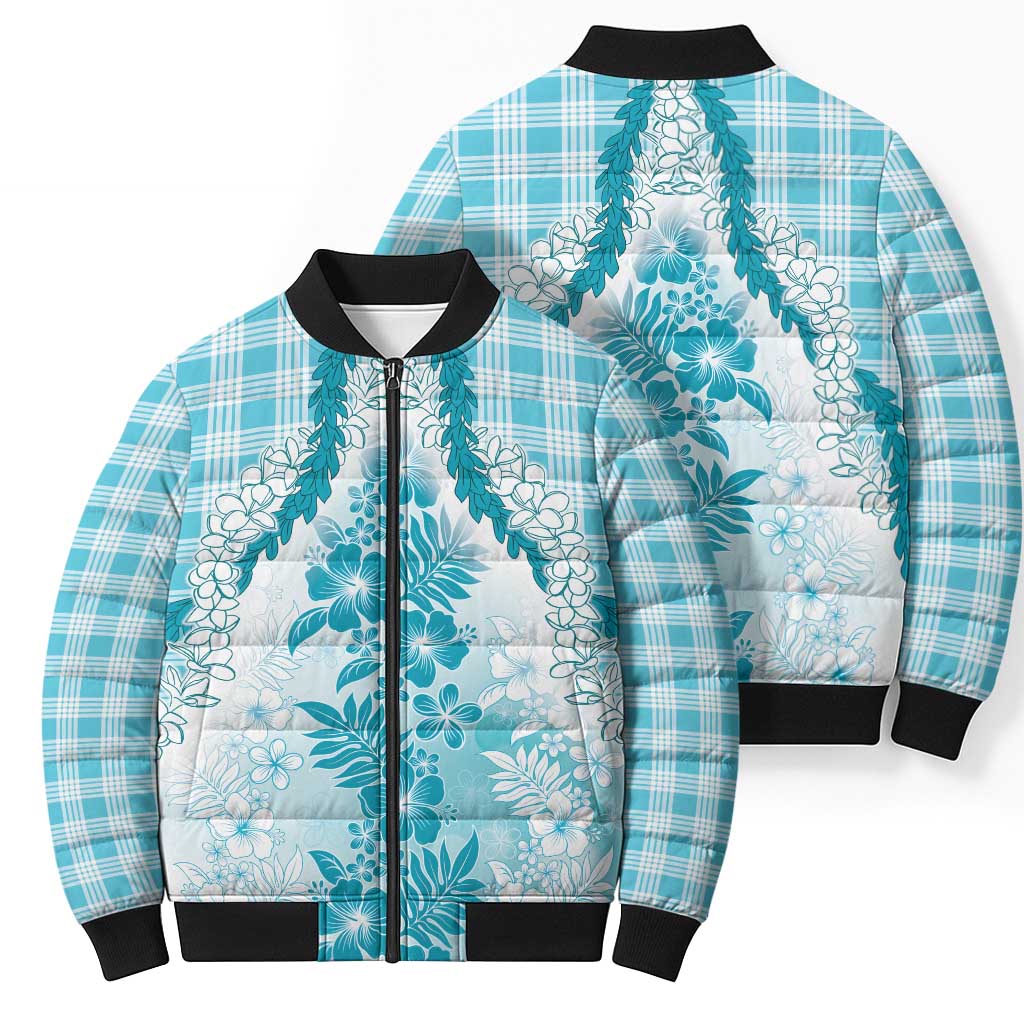 Aloha Hawaii Palaka Bomber Puffer Jacket Blue Plumeria Lei - Polynesian Pride
