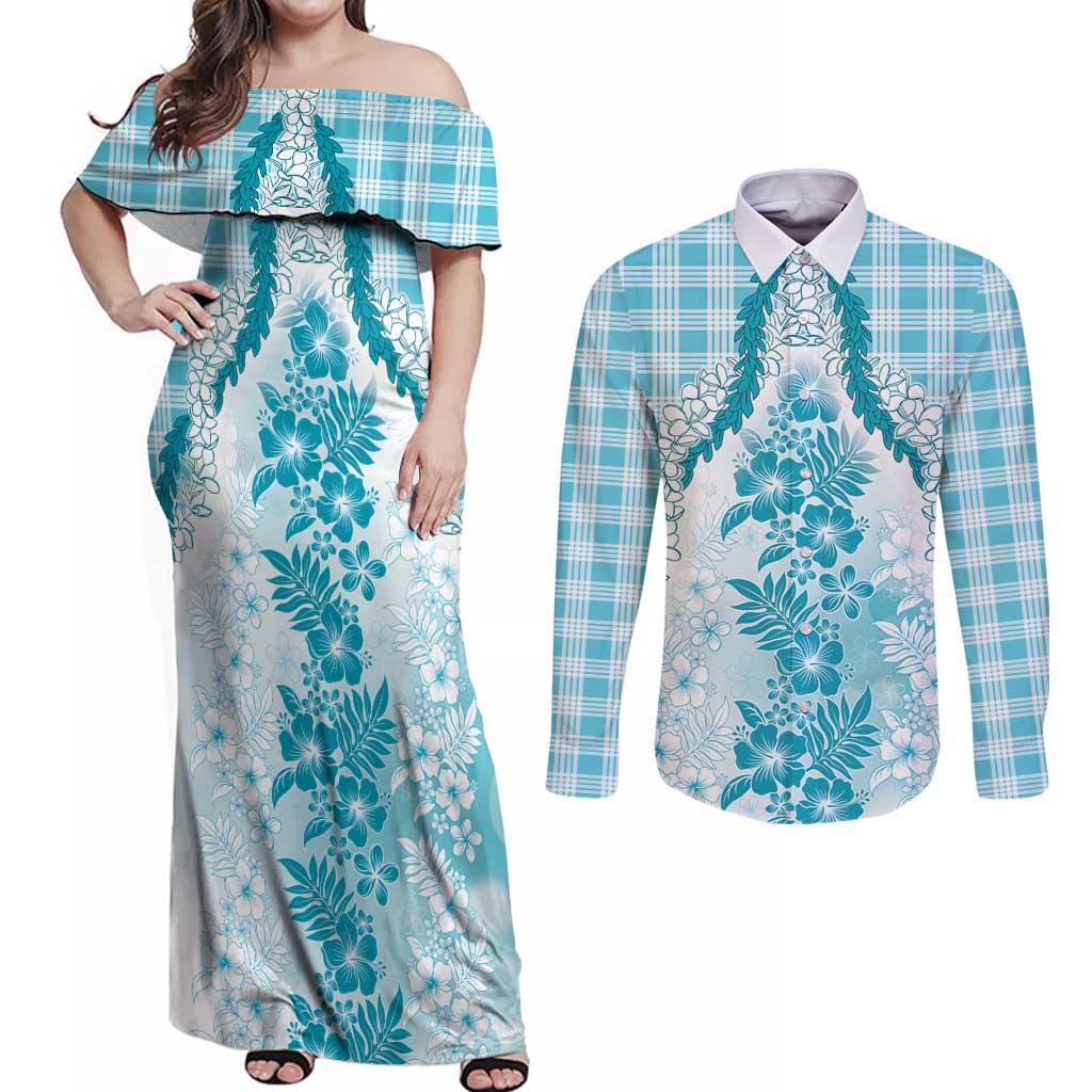 Aloha Hawaii Palaka Couples Matching Off Shoulder Maxi Dress and Long Sleeve Button Shirt Blue Plumeria Lei LT05 Blue - Polynesian Pride