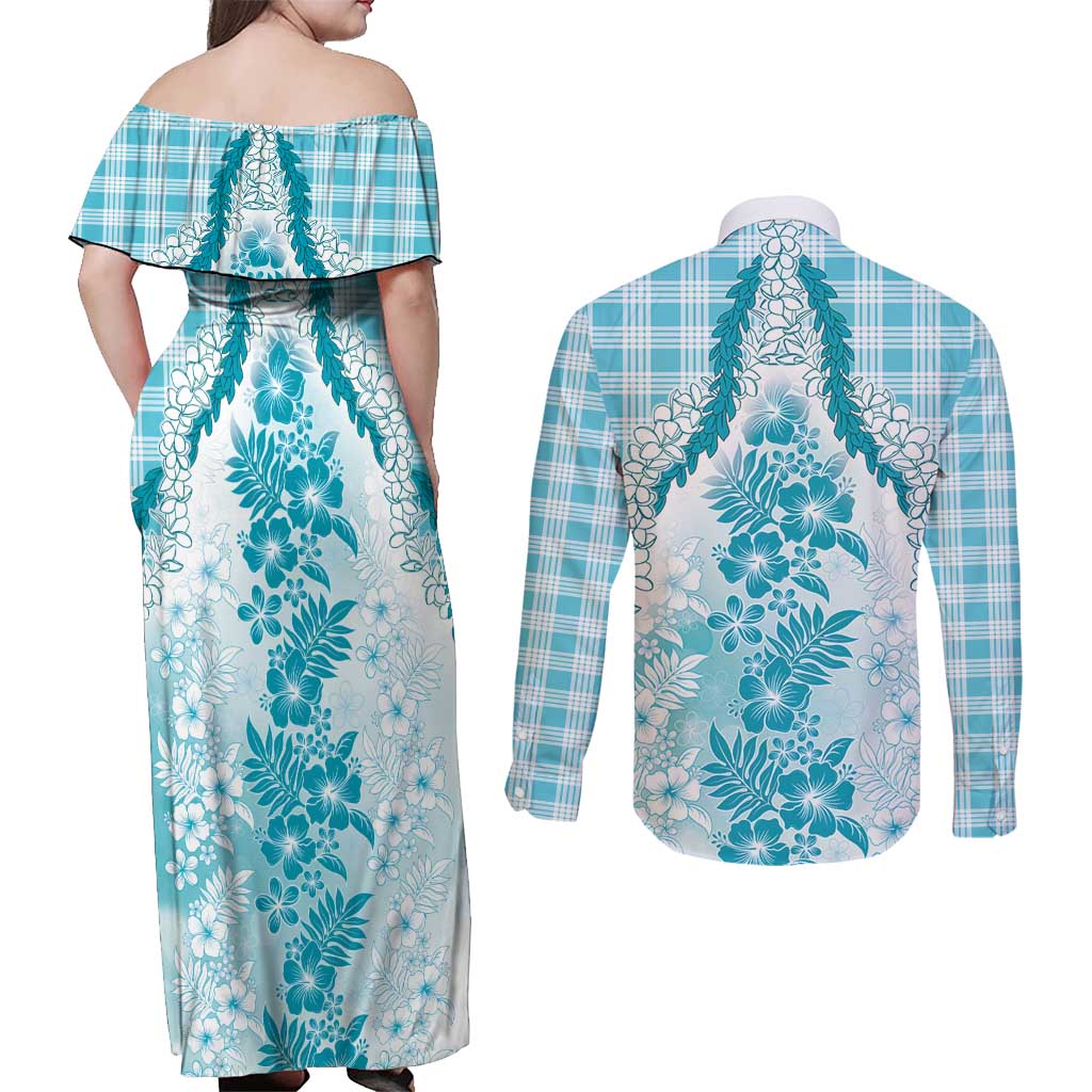 Aloha Hawaii Palaka Couples Matching Off Shoulder Maxi Dress and Long Sleeve Button Shirt Blue Plumeria Lei LT05 - Polynesian Pride