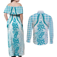 Aloha Hawaii Palaka Couples Matching Off Shoulder Maxi Dress and Long Sleeve Button Shirt Blue Plumeria Lei LT05 - Polynesian Pride