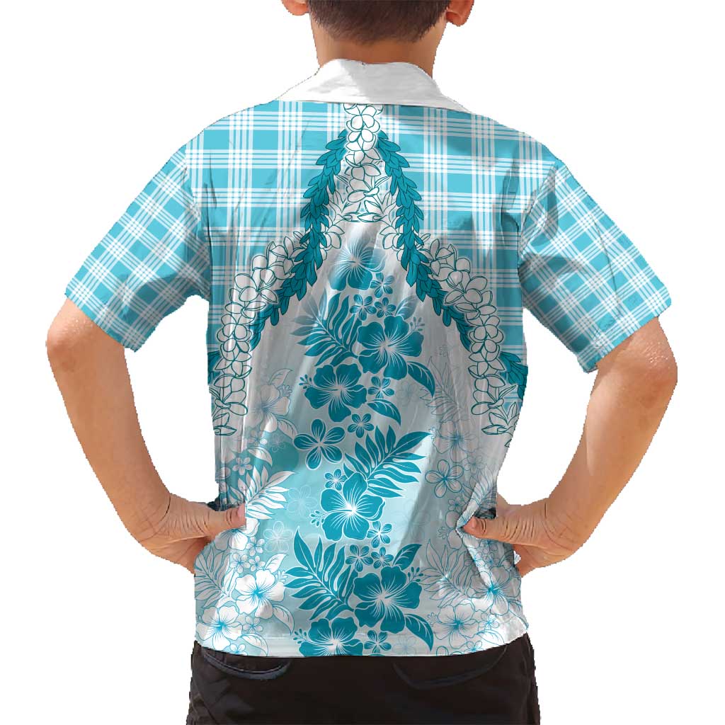 Aloha Hawaii Palaka Family Matching Long Sleeve Bodycon Dress and Hawaiian Shirt Blue Plumeria Lei - Polynesian Pride