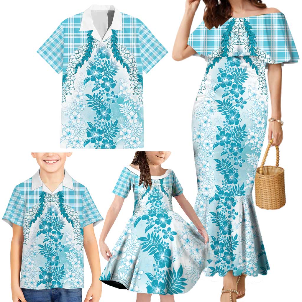 Aloha Hawaii Palaka Family Matching Mermaid Dress and Hawaiian Shirt Blue Plumeria Lei - Polynesian Pride