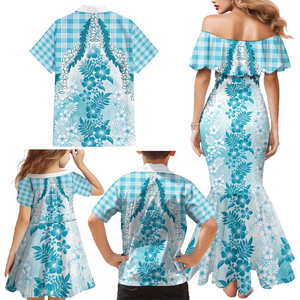 Aloha Hawaii Palaka Family Matching Mermaid Dress and Hawaiian Shirt Blue Plumeria Lei - Polynesian Pride