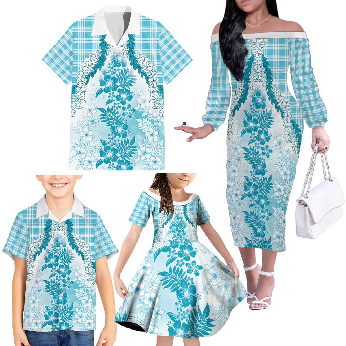 Aloha Hawaii Palaka Family Matching Off The Shoulder Long Sleeve Dress and Hawaiian Shirt Blue Plumeria Lei - Polynesian Pride