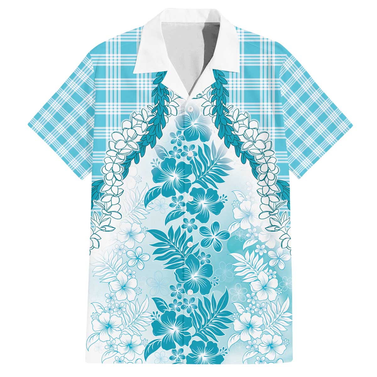 Aloha Hawaii Palaka Family Matching Off The Shoulder Long Sleeve Dress and Hawaiian Shirt Blue Plumeria Lei - Polynesian Pride