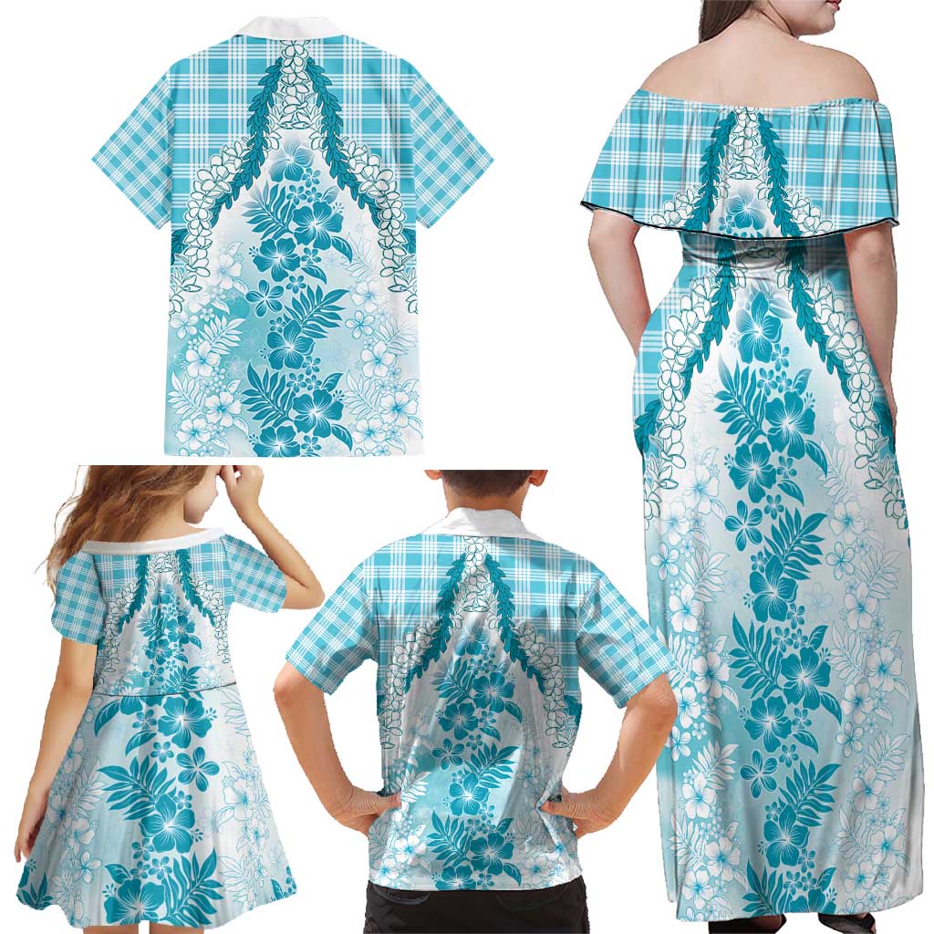 Aloha Hawaii Palaka Family Matching Off Shoulder Maxi Dress and Hawaiian Shirt Blue Plumeria Lei - Polynesian Pride