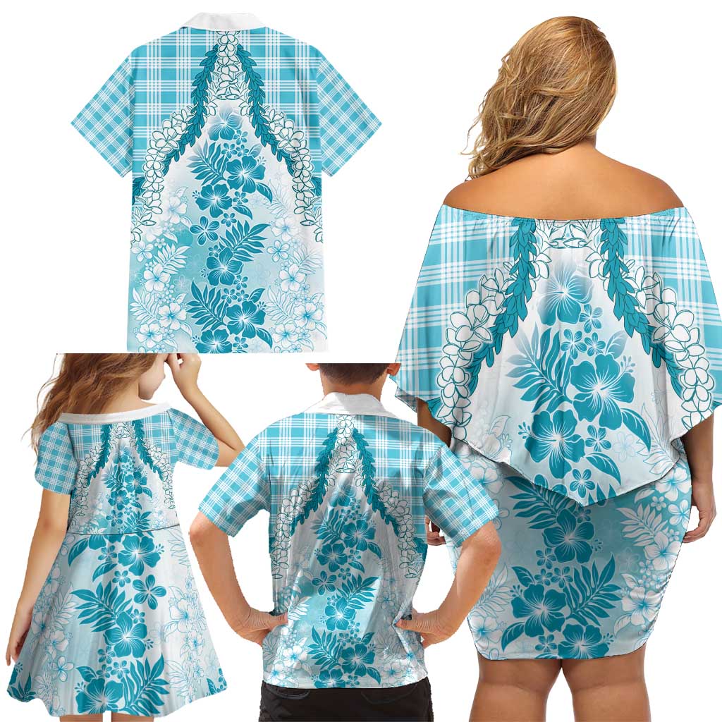 Aloha Hawaii Palaka Family Matching Off Shoulder Short Dress and Hawaiian Shirt Blue Plumeria Lei - Polynesian Pride
