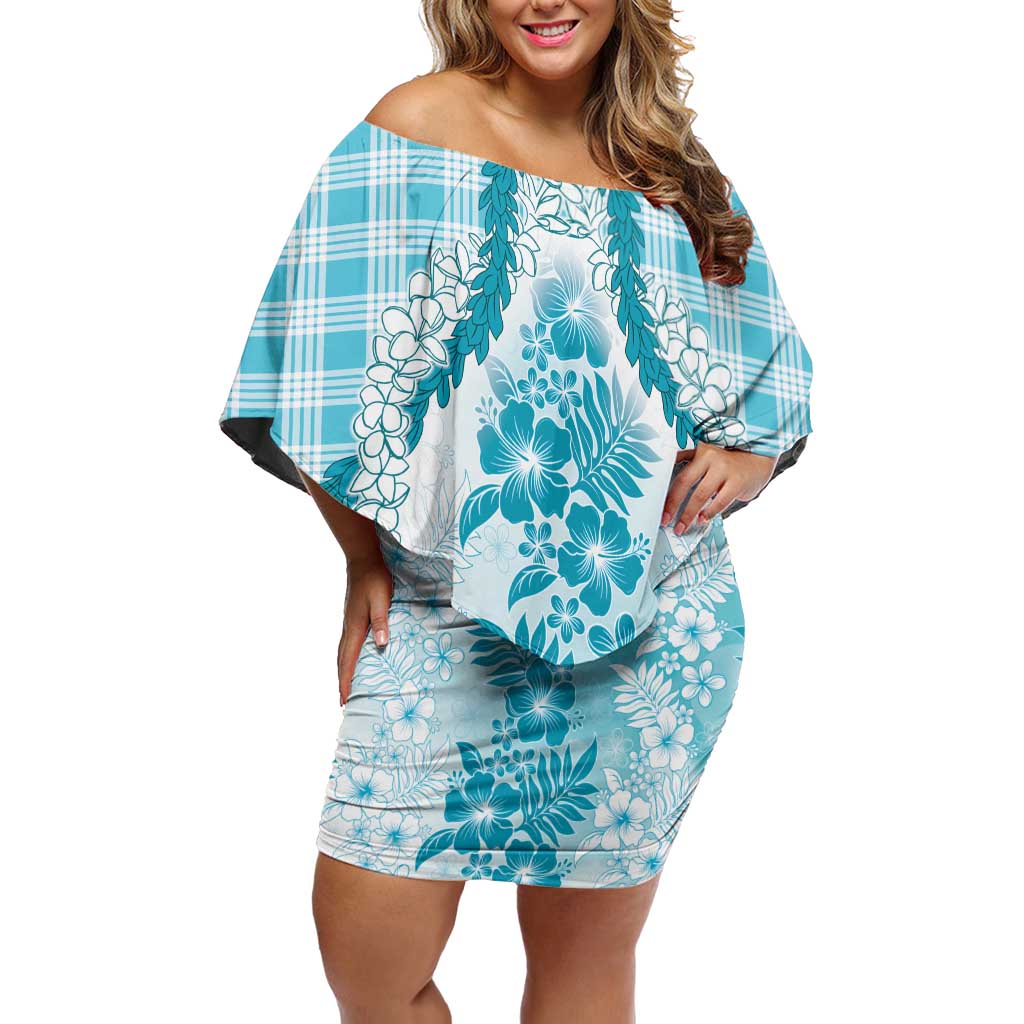 Aloha Hawaii Palaka Family Matching Off Shoulder Short Dress and Hawaiian Shirt Blue Plumeria Lei - Polynesian Pride