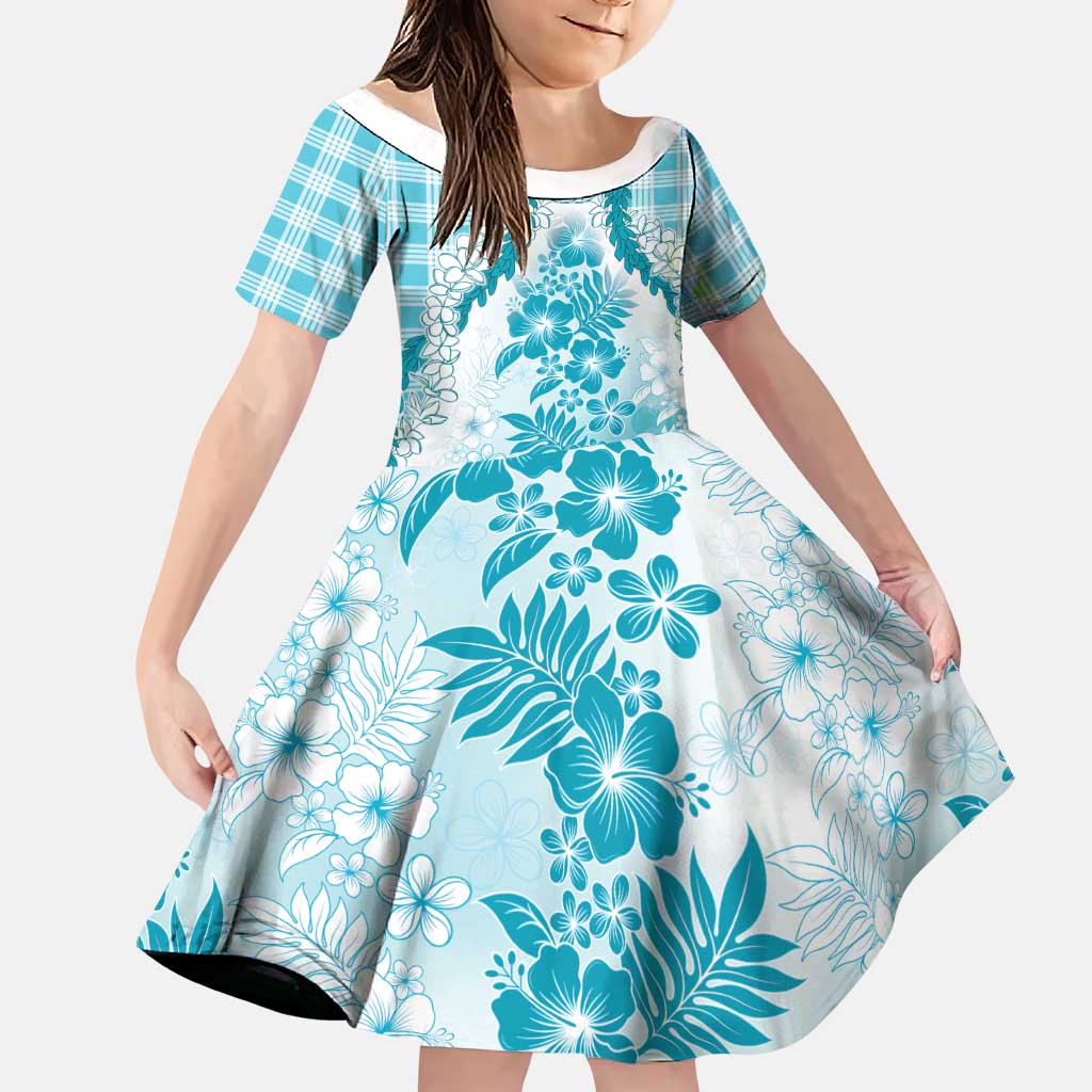Aloha Hawaii Palaka Family Matching Puletasi and Hawaiian Shirt Blue Plumeria Lei LT05 Daughter's Dress Blue - Polynesian Pride