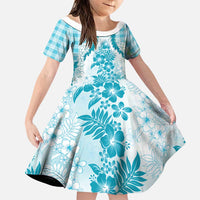 Aloha Hawaii Palaka Family Matching Puletasi and Hawaiian Shirt Blue Plumeria Lei LT05 Daughter's Dress Blue - Polynesian Pride