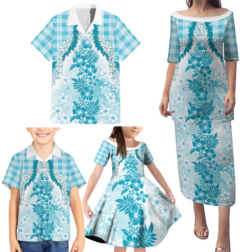 Aloha Hawaii Palaka Family Matching Puletasi and Hawaiian Shirt Blue Plumeria Lei LT05 - Polynesian Pride