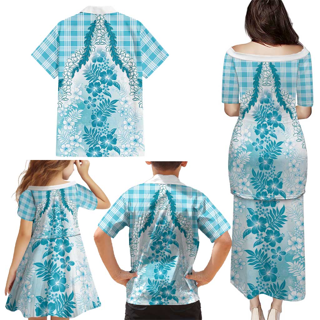 Aloha Hawaii Palaka Family Matching Puletasi and Hawaiian Shirt Blue Plumeria Lei LT05 - Polynesian Pride