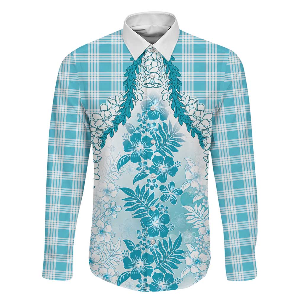 Aloha Hawaii Palaka Family Matching Puletasi and Hawaiian Shirt Blue Plumeria Lei LT05 Dad's Shirt - Long Sleeve Blue - Polynesian Pride