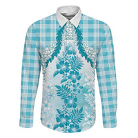 Aloha Hawaii Palaka Family Matching Puletasi and Hawaiian Shirt Blue Plumeria Lei LT05 Dad's Shirt - Long Sleeve Blue - Polynesian Pride