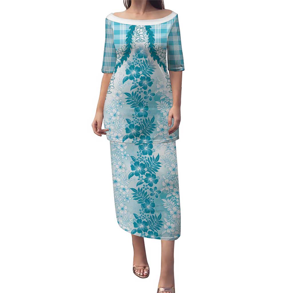 Aloha Hawaii Palaka Family Matching Puletasi and Hawaiian Shirt Blue Plumeria Lei LT05 Mom's Dress Blue - Polynesian Pride