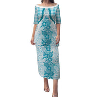 Aloha Hawaii Palaka Family Matching Puletasi and Hawaiian Shirt Blue Plumeria Lei LT05 Mom's Dress Blue - Polynesian Pride