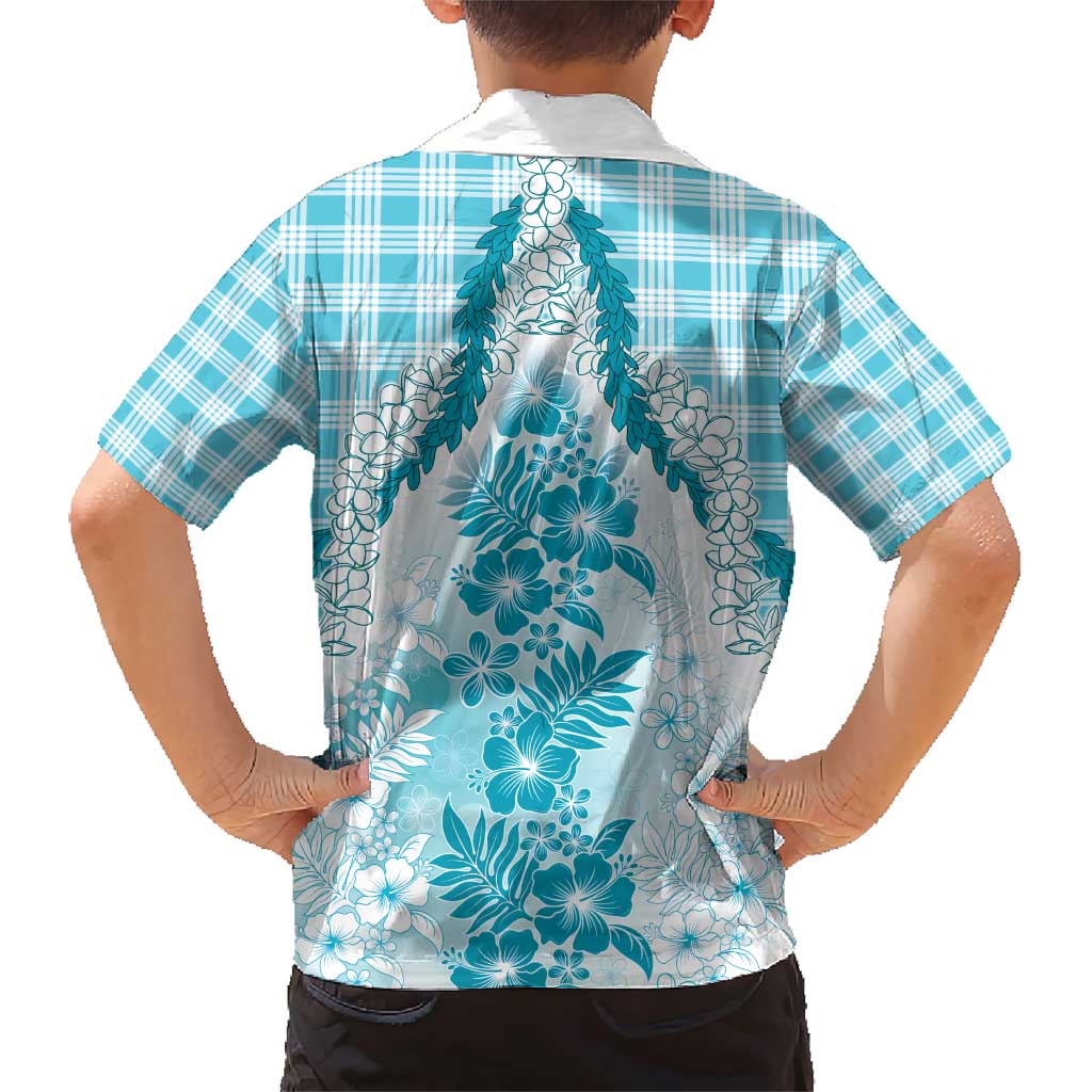 Aloha Hawaii Palaka Family Matching Short Sleeve Bodycon Dress and Hawaiian Shirt Blue Plumeria Lei - Polynesian Pride