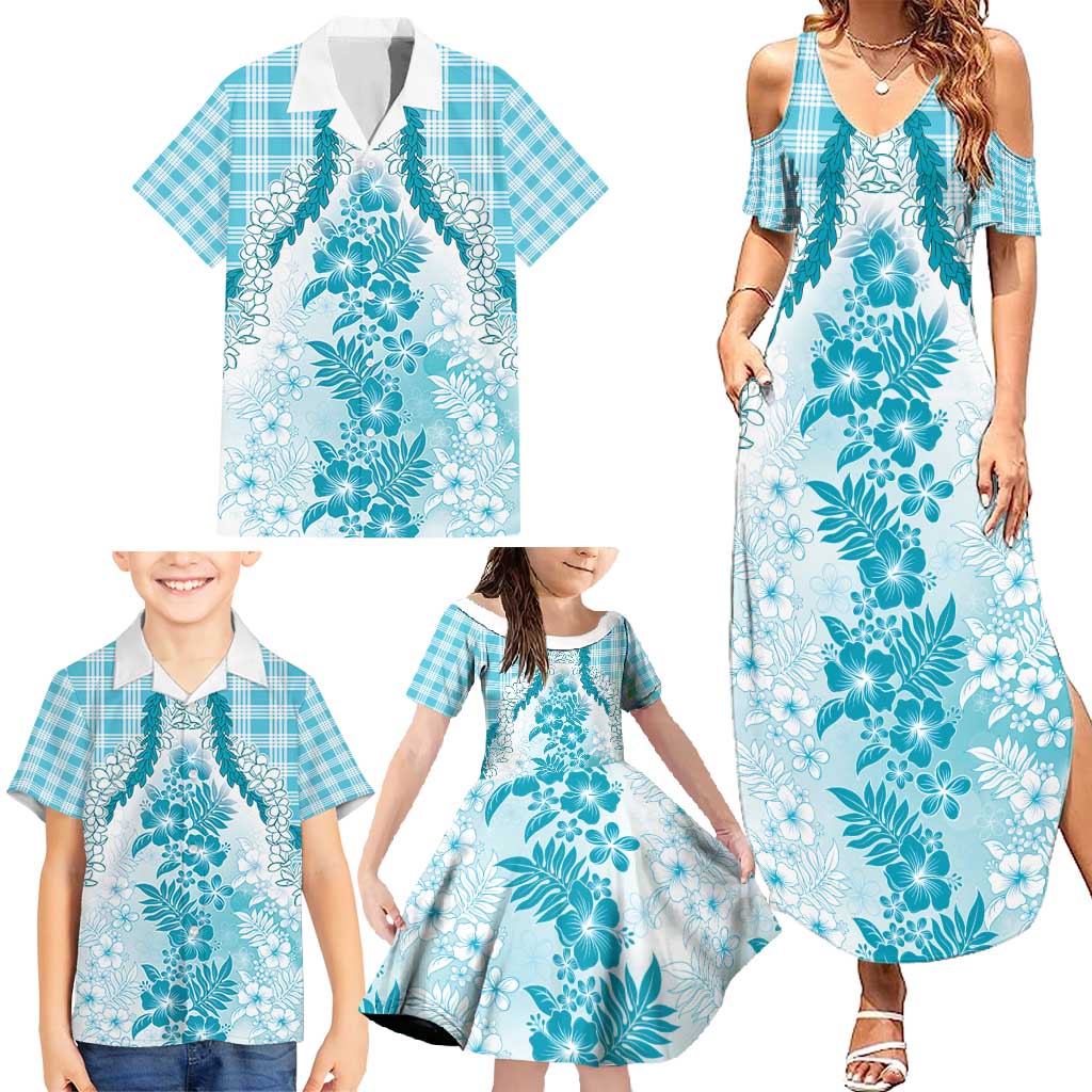 Aloha Hawaii Palaka Family Matching Summer Maxi Dress and Hawaiian Shirt Blue Plumeria Lei - Polynesian Pride