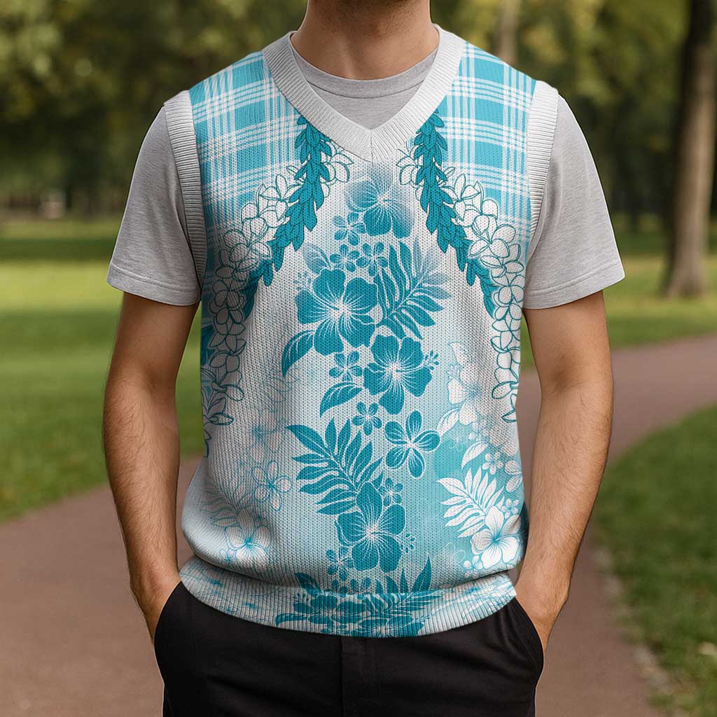Aloha Hawaii Palaka Christmas Knitted V-Neck Vest Blue Plumeria Lei - Polynesian Pride